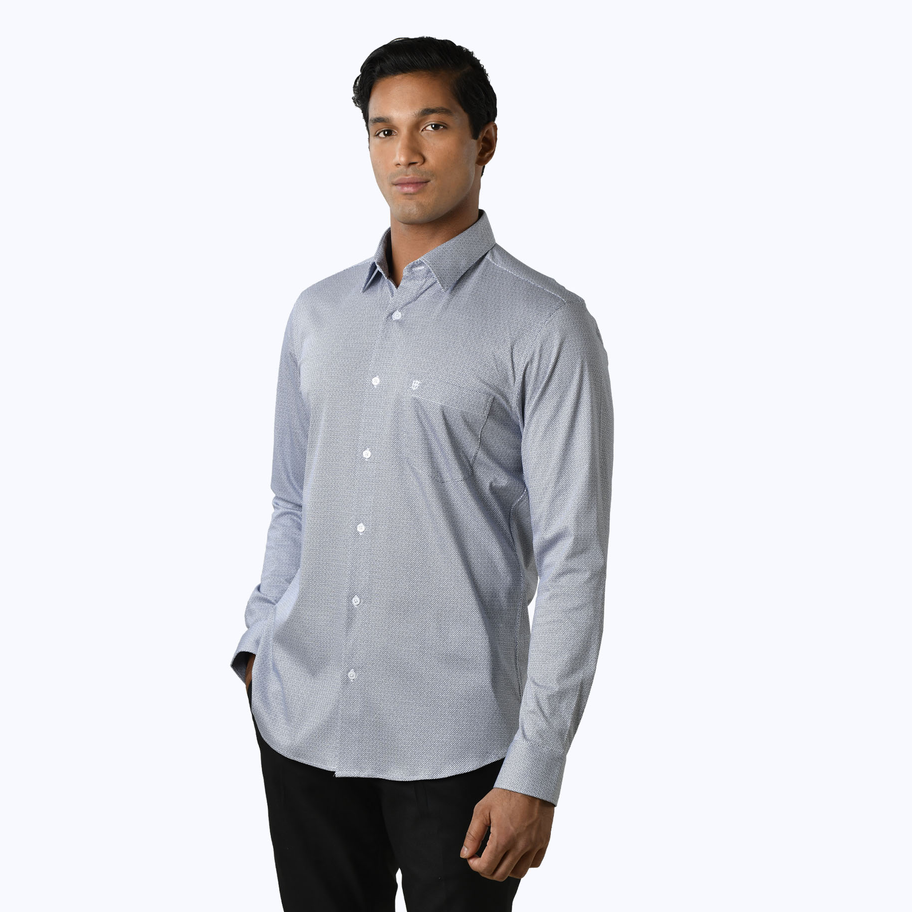 Super Comfort Knit Navy Blue Geo Print Wrinkle-Free Shirt - Bluefort