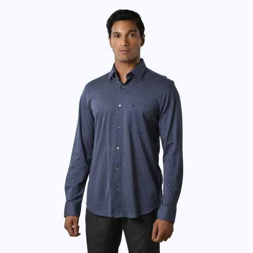 Super Comfort Knit Navy Blue Floral Textured Print Wrinkle-Free Shirt