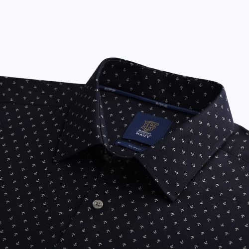 Navy Blue Anchor Signature Print Oxford Shirt – Short Sleeved