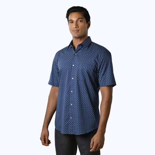 Marine Blue Paisley Print Silky Twill Shirt – Short Sleeved