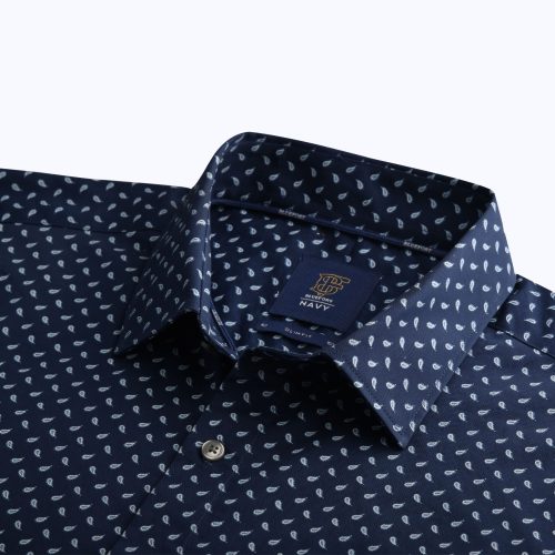 Marine Blue Paisley Print Silky Twill Shirt – Short Sleeved
