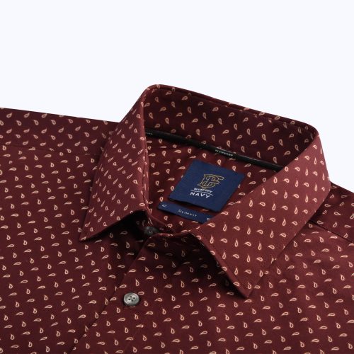Maroon Paisley Print Silky Twill Shirt – Short Sleeved