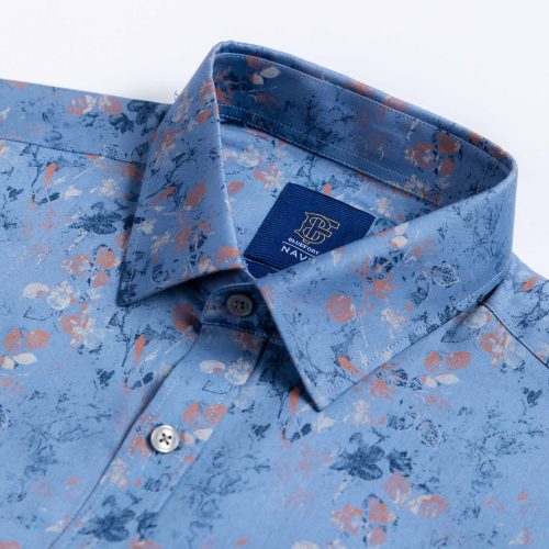 Dark Blue Floral Leaves Print Shirt
