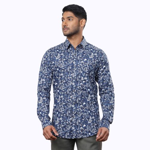 White Floral Printed Navy Blue Shirt