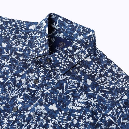 White Floral Printed Navy Blue Shirt