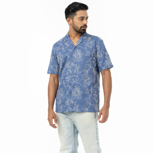 Blue Embroidered Floral Shirt