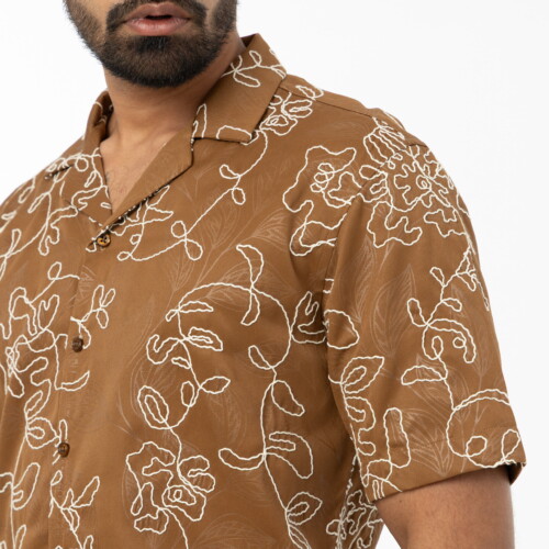 Brown Embroidered Floral Shirt