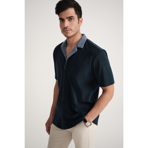 Navy Block Towelling Shirt