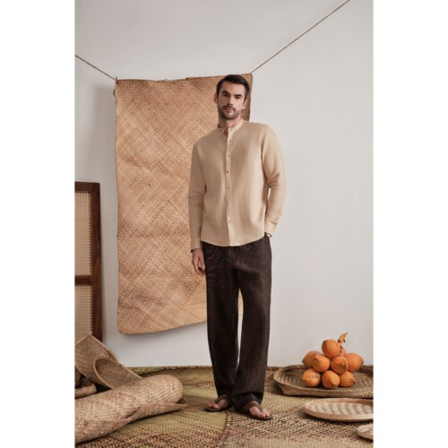 Sand Beige Classic Mandarin Linen Shirt