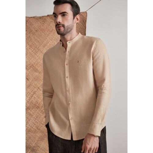Sand Beige Classic Mandarin Linen Shirt
