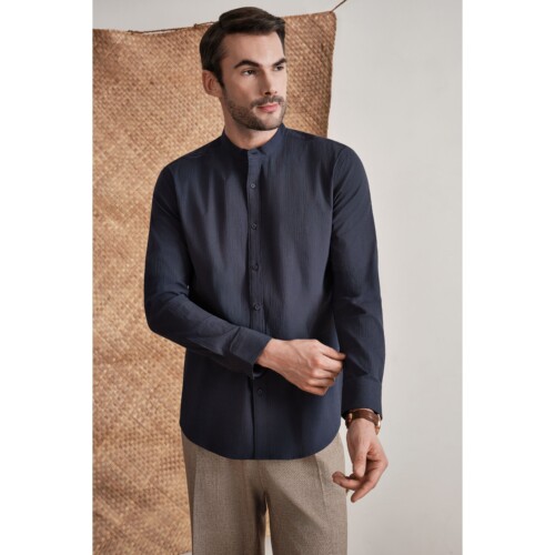 Space Blue Seersucker Band Collar Shirt