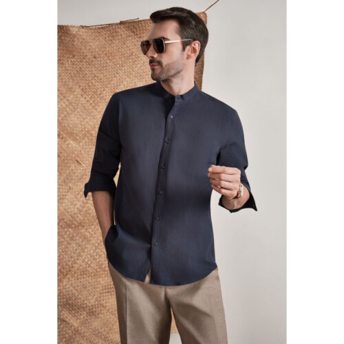 Space Blue Seersucker Band Collar Shirt