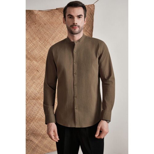 Mocha Seersucker Band Collar Shirt