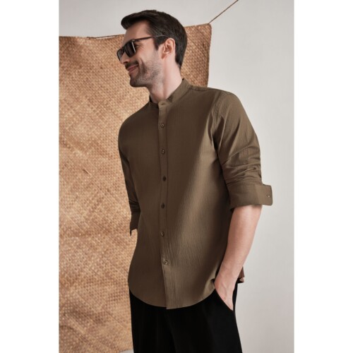 Mocha Seersucker Band Collar Shirt