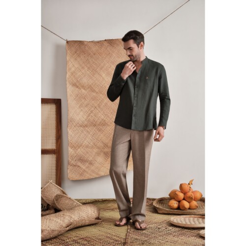 Forest Green Classic Mandarin Linen Shirt
