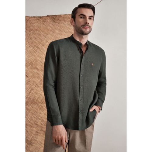 Forest Green Classic Mandarin Linen Shirt