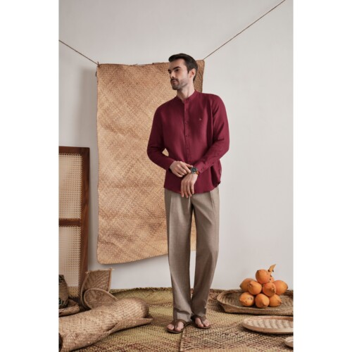 Wine Red Classic Mandarin Linen Shirt