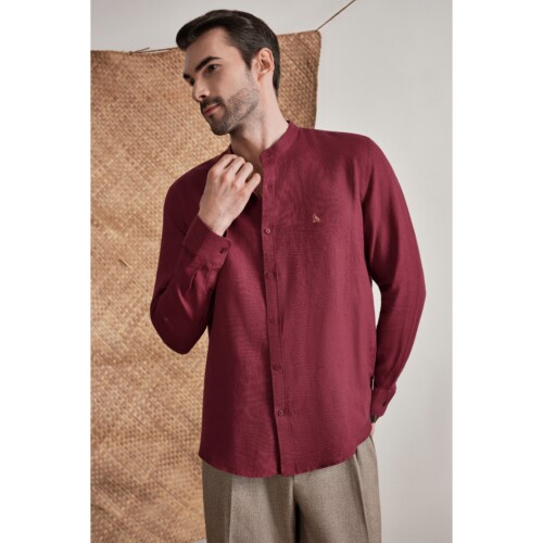 Wine Red Classic Mandarin Linen Shirt